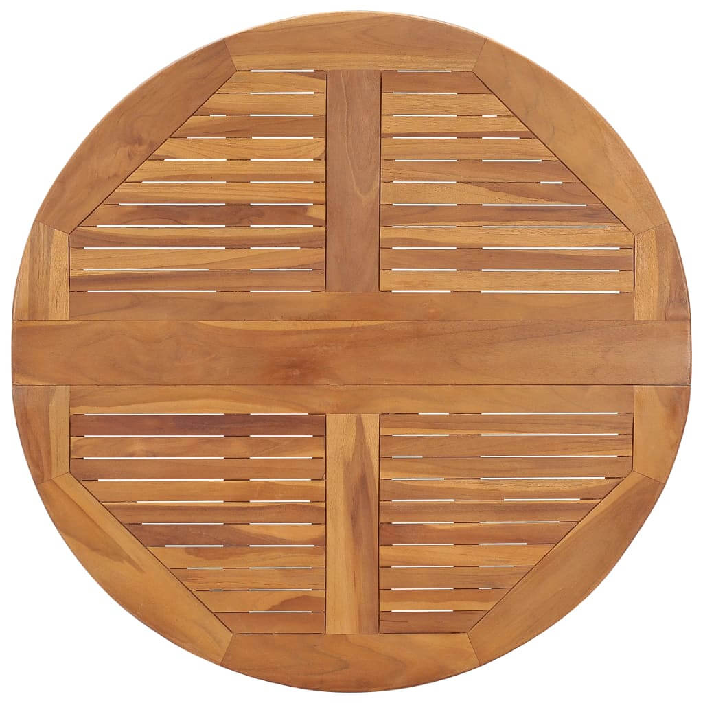 Round folding garden dining table made of solid teak wood, featuring a smooth, slatted surface for outdoor dining.