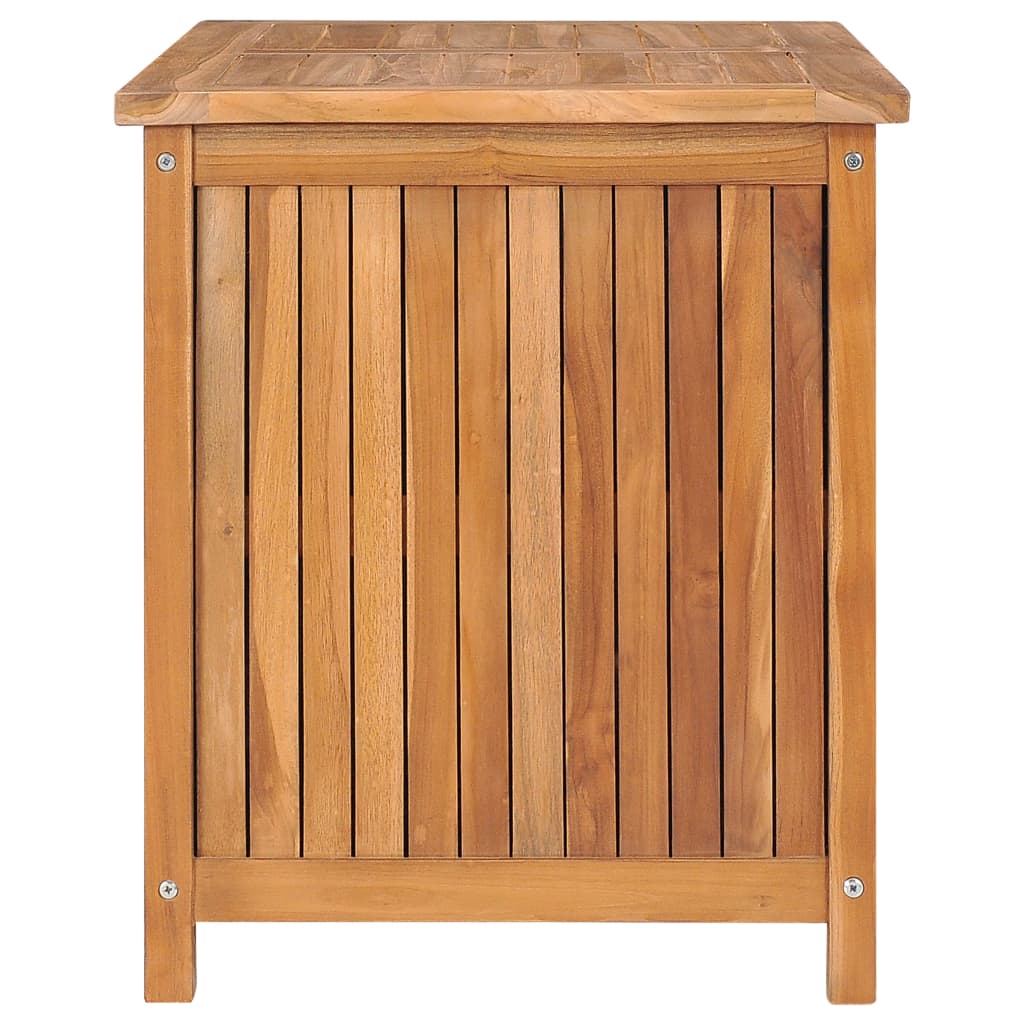 Wooden garden storage box in solid teak wood, showcasing a rustic design with smooth finish and durable slatted construction.