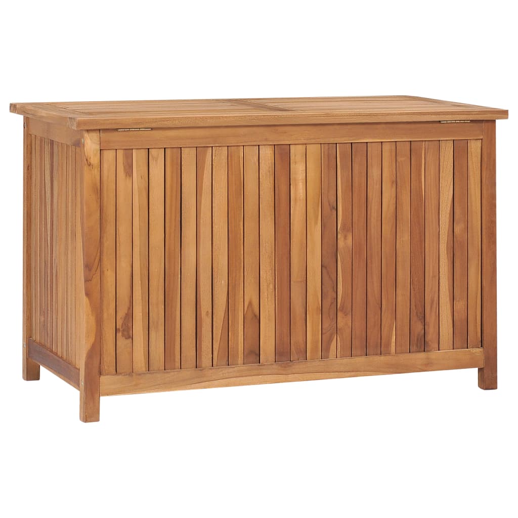 Wooden garden storage box in solid teak wood, showcasing a rustic design ideal for outdoor furniture and home use.