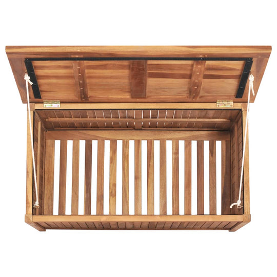 Open teak wood garden storage box showcasing its spacious interior and slatted design, perfect for outdoor furniture storage.