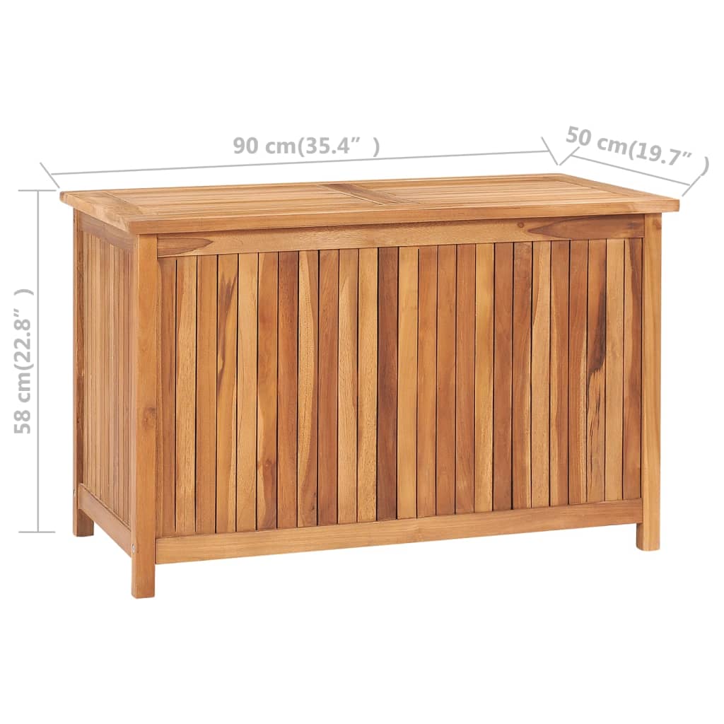 Wooden garden storage box 90x50x58 cm made of solid teak wood, featuring a rustic design perfect for outdoor or indoor use.