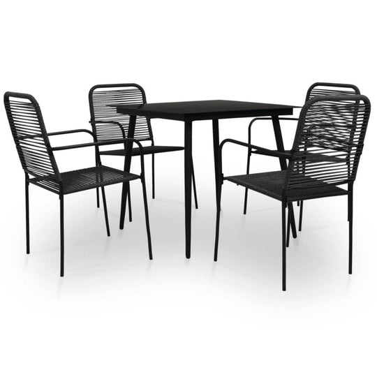 5-piece black outdoor dining set with cotton rope chairs and a square table, perfect for garden and patio use.