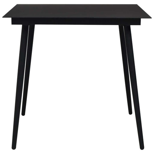 Black minimalist dining table with sleek design and slender legs, perfect for modern decor and versatile use in kitchens or dining areas.