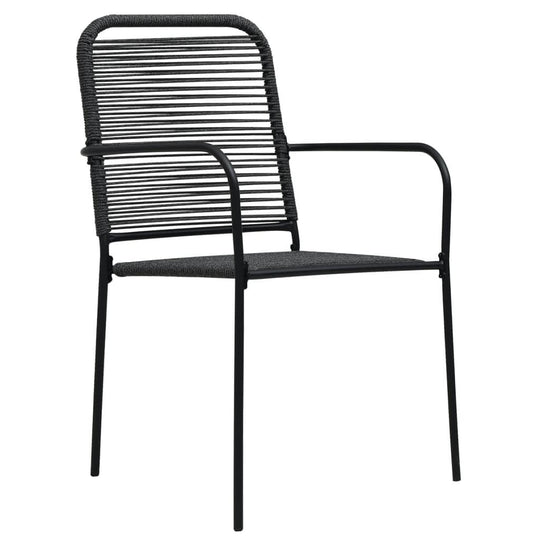 Black metal chair with twined cotton rope seat and backrest, perfect for outdoor furniture and garden dining sets.