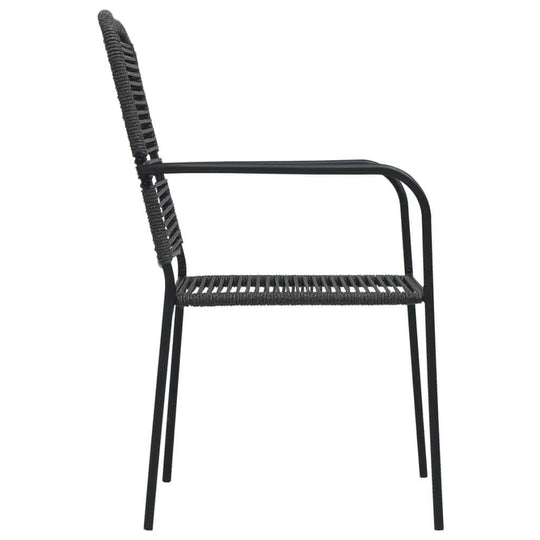 Side view of a black cotton rope dining chair with a sturdy metal frame, ideal for outdoor furniture and stylish seating.