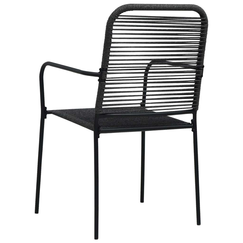 Black steel dining chair with twined cotton rope backrest, perfect for outdoor furniture and garden dining sets.