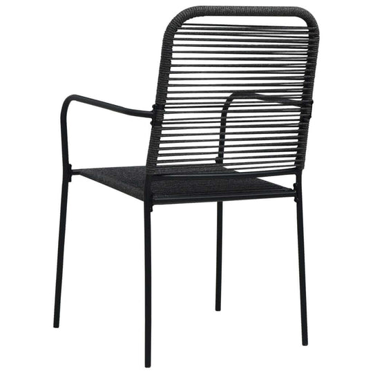 Black steel dining chair with twined cotton rope backrest, perfect for outdoor furniture and garden dining sets.