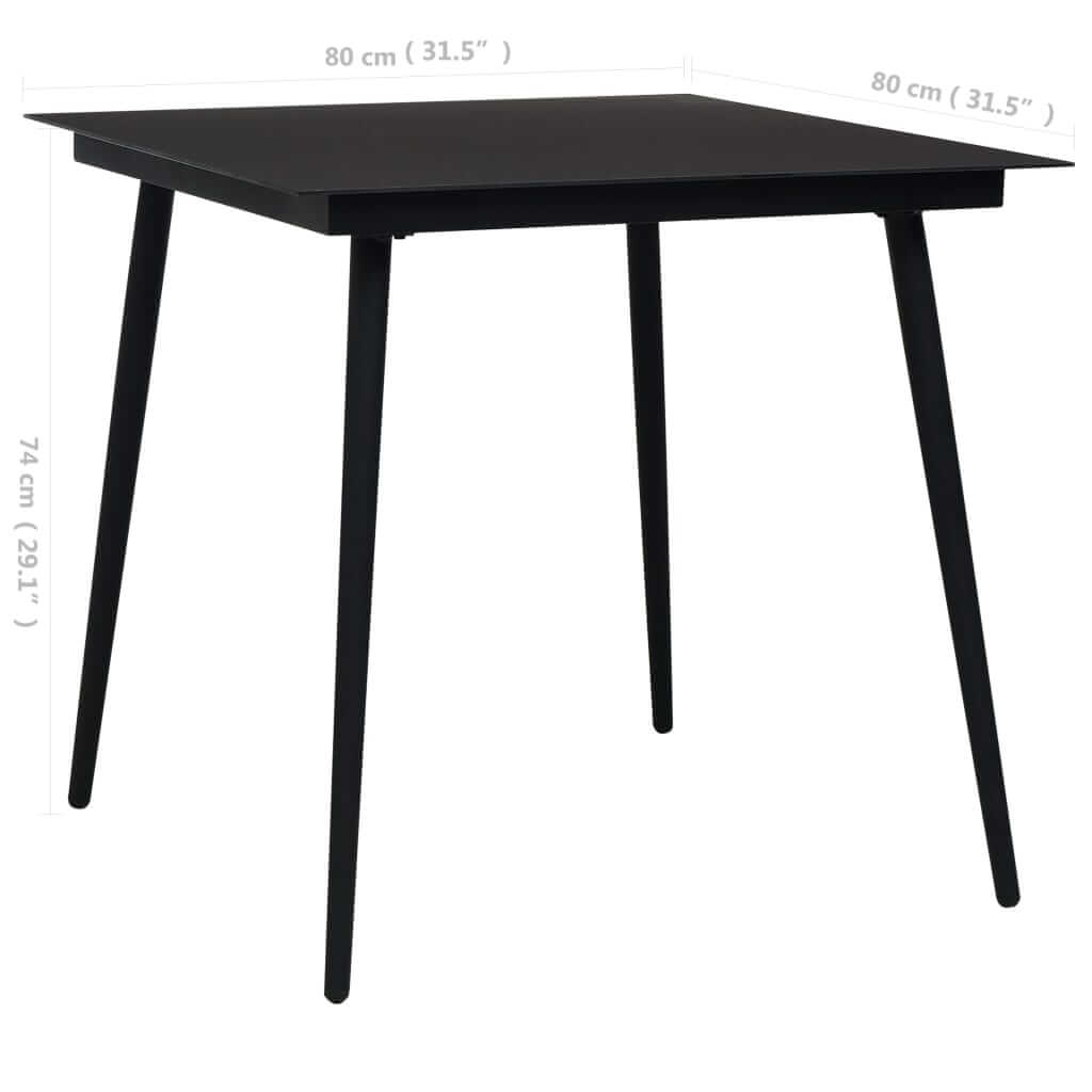 Black square dining table with sleek design and dimensions of 80 cm x 80 cm and height of 74 cm, perfect for modern decor.