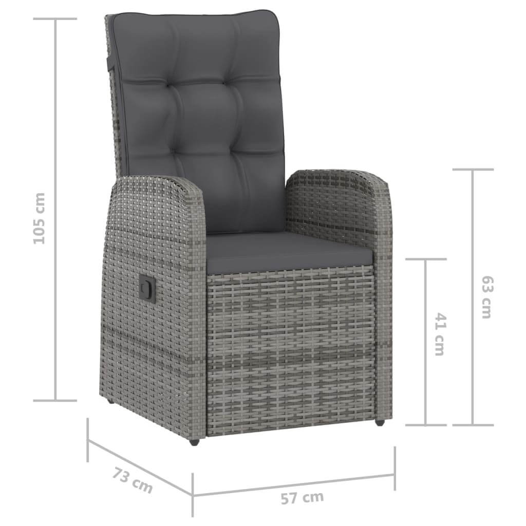 Grey outdoor lounge chair with cushioned back, poly rattan design, and dimensions for comfortable seating.