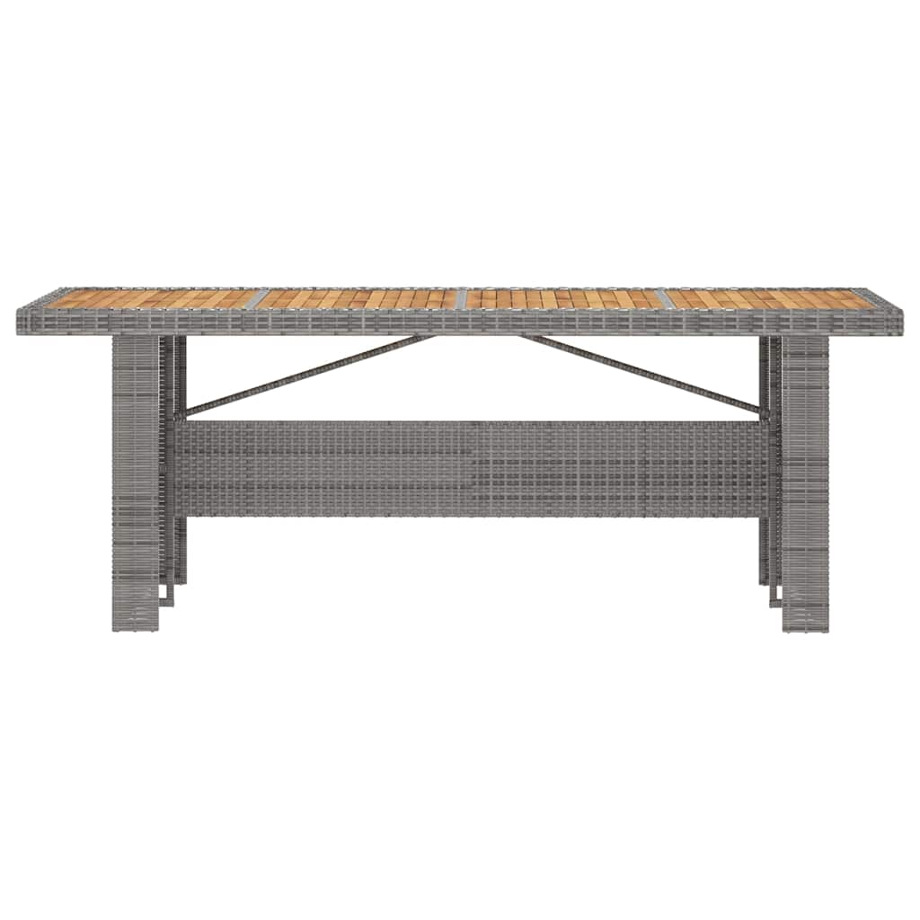 7 Piece Outdoor Dining Set with Cushions Poly Rattan table featuring solid acacia wood top and gray rattan frame.