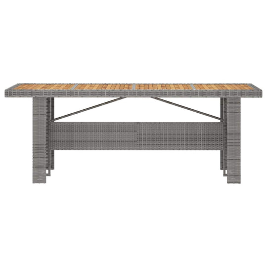 7 Piece Outdoor Dining Set with Cushions Poly Rattan table featuring solid acacia wood top and gray rattan frame.