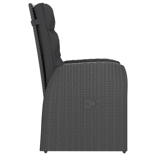 7 Piece Outdoor Dining Set with Cushions Poly Rattan side view of a modern chair with dark cushion and woven design.