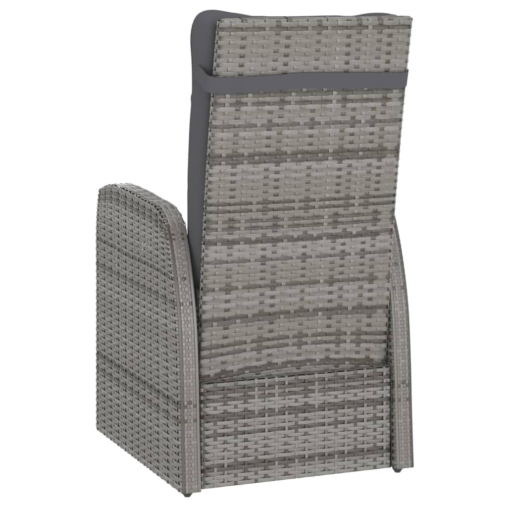 Grey outdoor dining chair with high back and comfortable cushion, crafted from durable poly rattan.