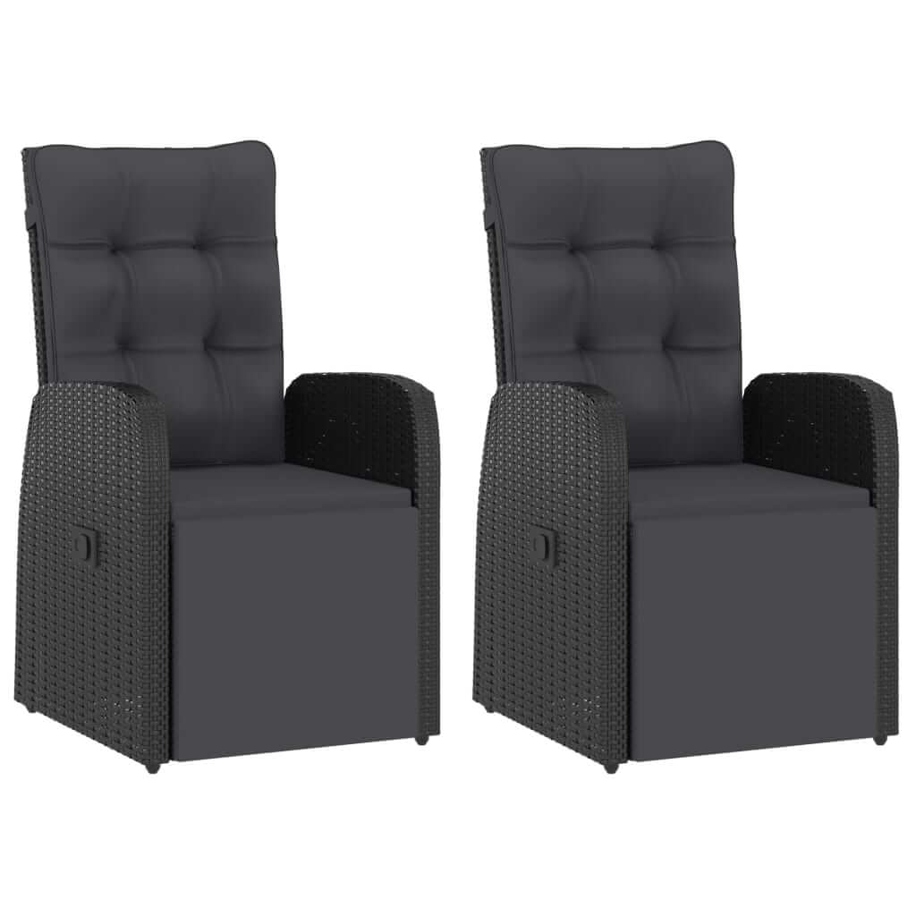 Two black cushion garden lounge chairs in poly rattan for outdoor patio furniture or garden furniture sets