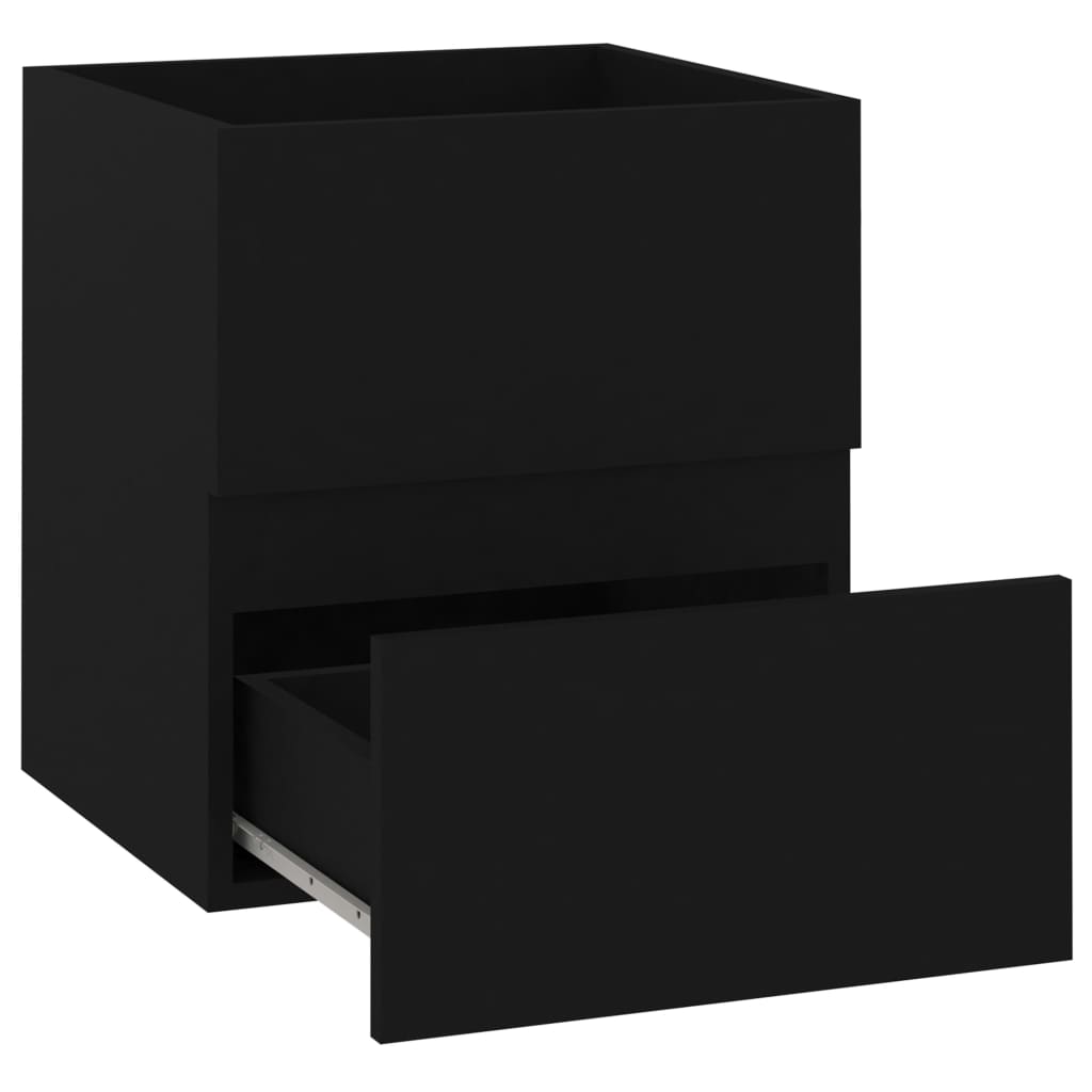 Black sink cabinet with one open drawer and spacious top for bathroom storage, made from engineered wood.