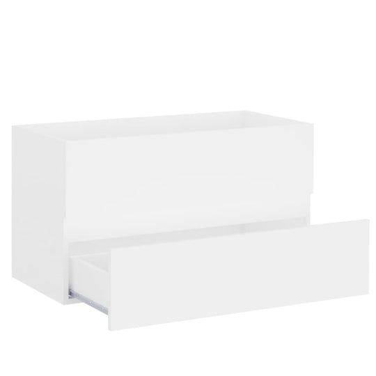 White sink cabinet with one drawer, made from engineered wood, ideal for bathroom storage and organization.