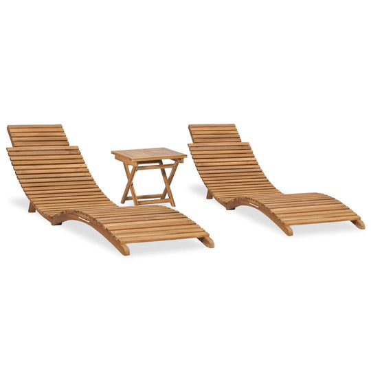 3 Piece Folding Garden Lounge Set Solid Teak Wood with two loungers and a side table.