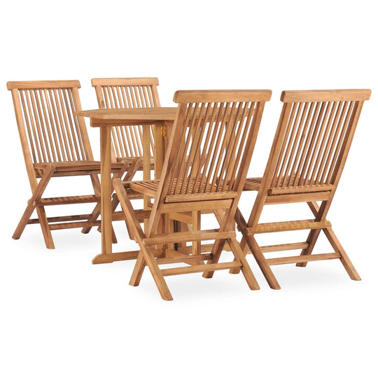 Folding teak outdoor dining set with table and four chairs, perfect for patio or garden furniture.