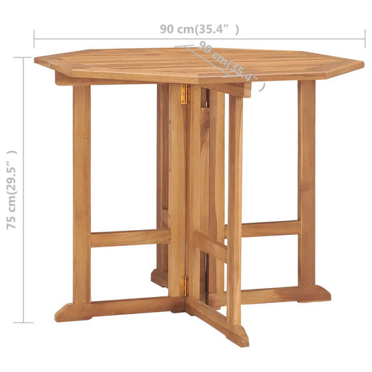 Folding teak outdoor dining table with dimensions, ideal for garden or patio furniture.