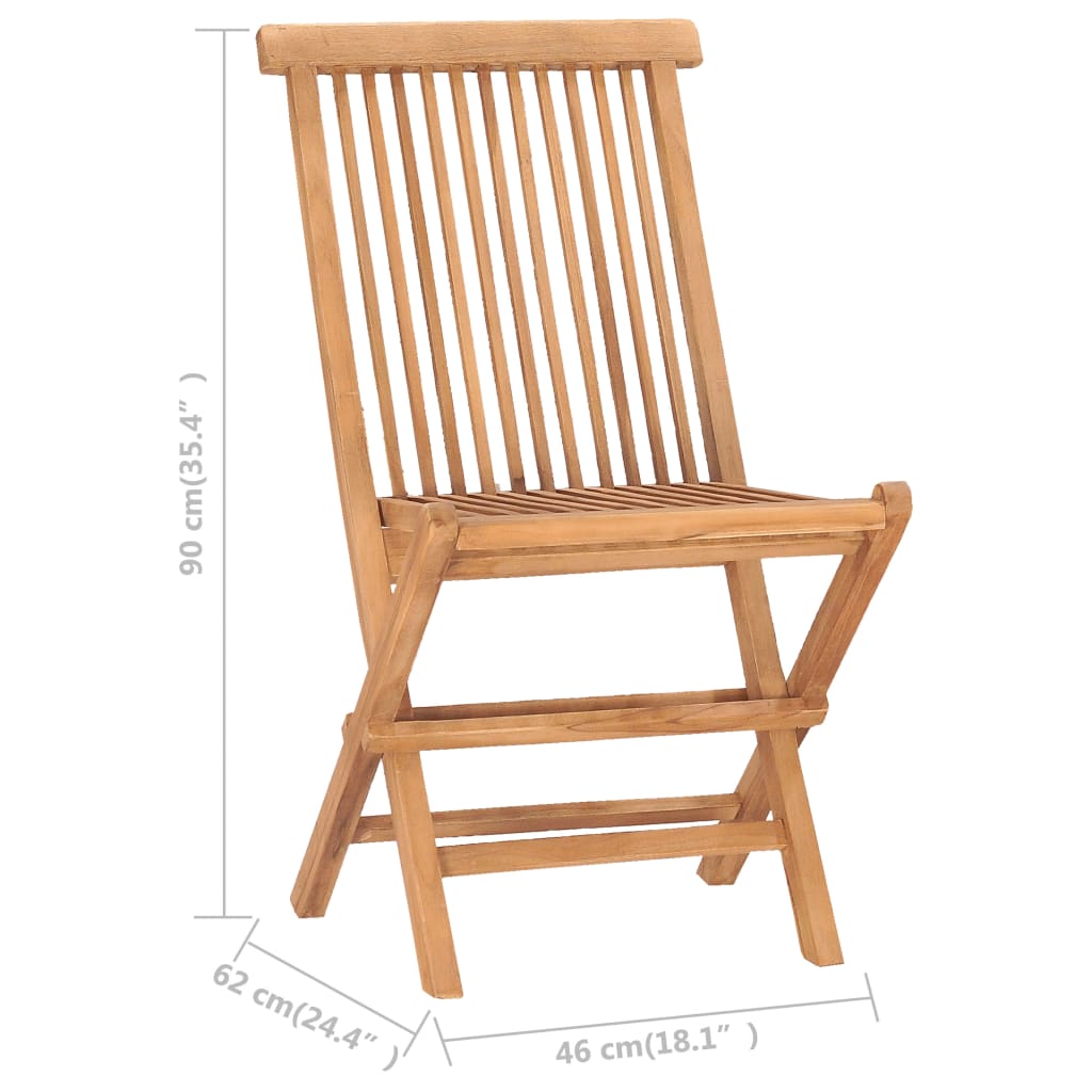 Teak folding chair with dimensions, part of 5 piece outdoor dining set for patio or garden furniture.