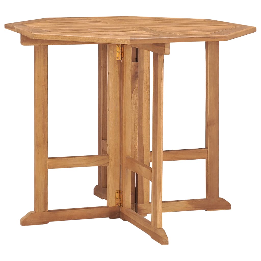 Folding teak wood dining table for outdoor patio and garden furniture.