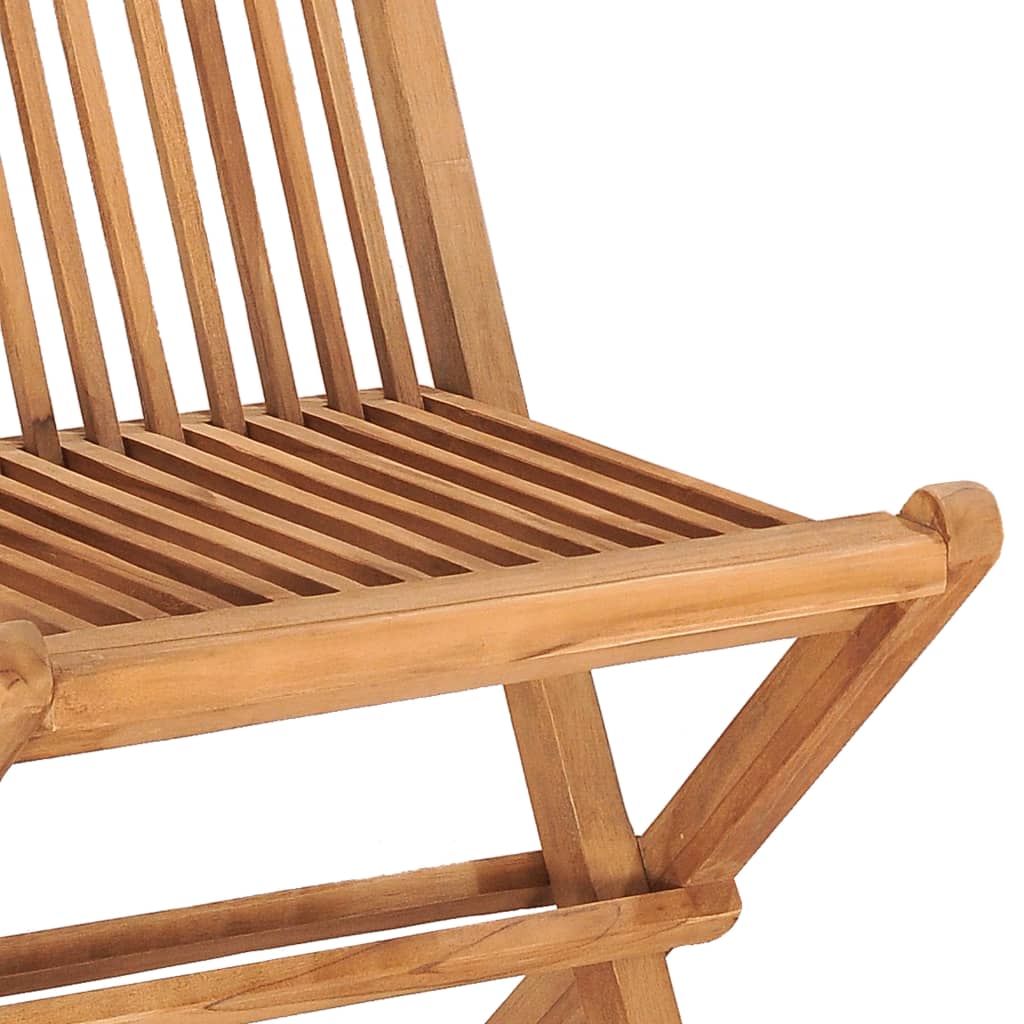 Close-up of teak wood folding chair from 5 Piece Outdoor Dining Set, perfect for patios and gardens, showcasing durable and polished finish.