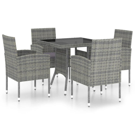 5 Piece Garden Dining Set Poly Rattan featuring a square glass table and four matching chairs in gray.