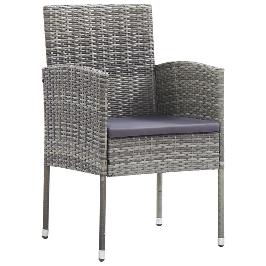 Grey poly rattan garden chair with armrests and cushion, perfect for outdoor dining and relaxation.