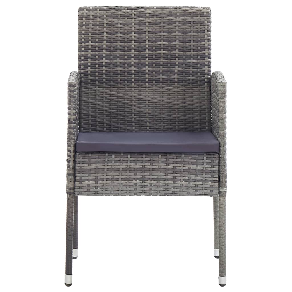 Front view of a grey poly rattan garden dining chair with armrests and a cushioned seat, perfect for outdoor dining.