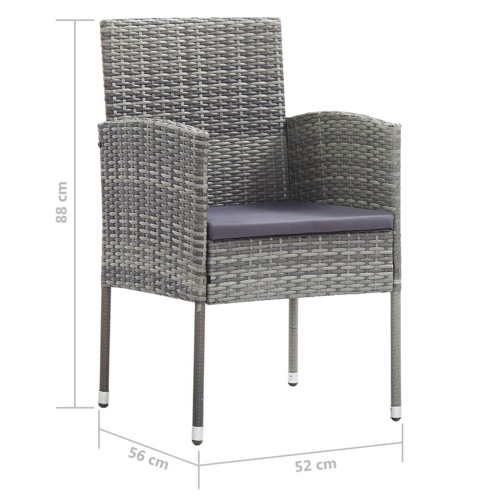 Stylish poly rattan garden dining chair in grey with cushion, dimensions: 88 cm height, 56 cm width, 52 cm depth. Ideal for outdoor use.