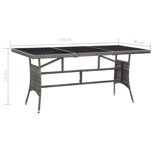 Rectangular poly rattan garden dining table with steel frame, dimensions 170 cm x 80 cm x 74 cm, perfect for outdoor settings.