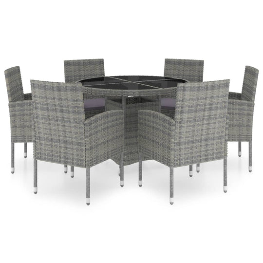7 Piece Garden Dining Set Poly Rattan Anthracite & featuring a stylish round glass tabletop and comfortable chairs.
