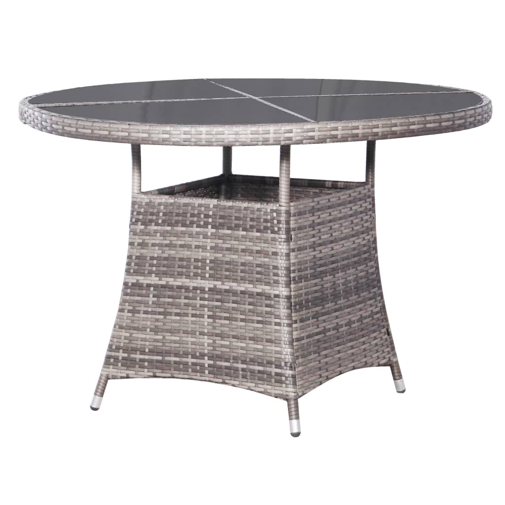 7 Piece Garden Dining Set Poly Rattan Anthracite & round glass-top table with woven rattan design.