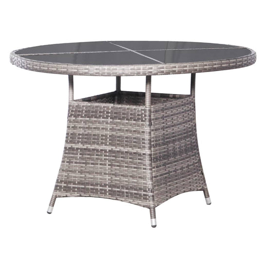 7 Piece Garden Dining Set Poly Rattan Anthracite & round glass-top table with woven rattan design.