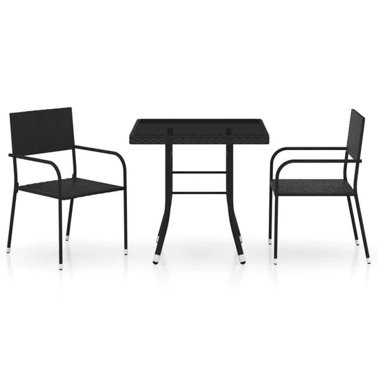 3 Piece Garden Dining Set Poly Rattan with two chairs and a glass tabletop in black finish