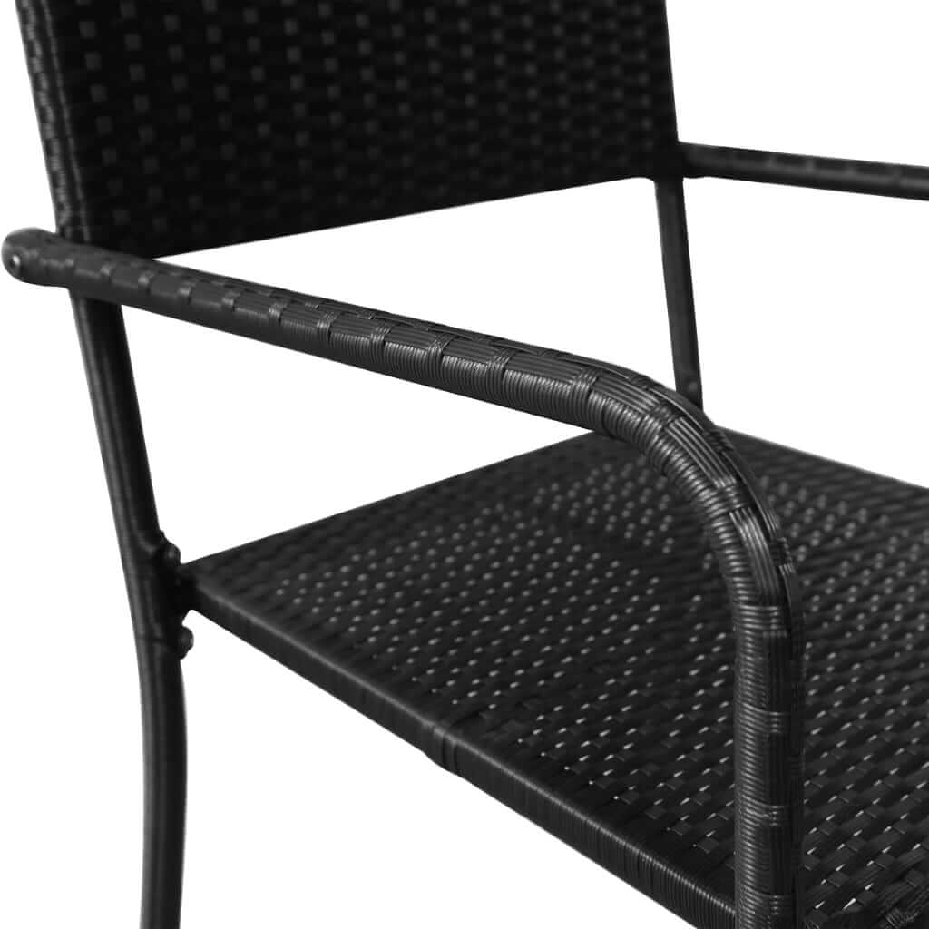 Close-up of a black chair from the 3 Piece Garden Dining Set Poly Rattan, showcasing its sleek design and durable material.