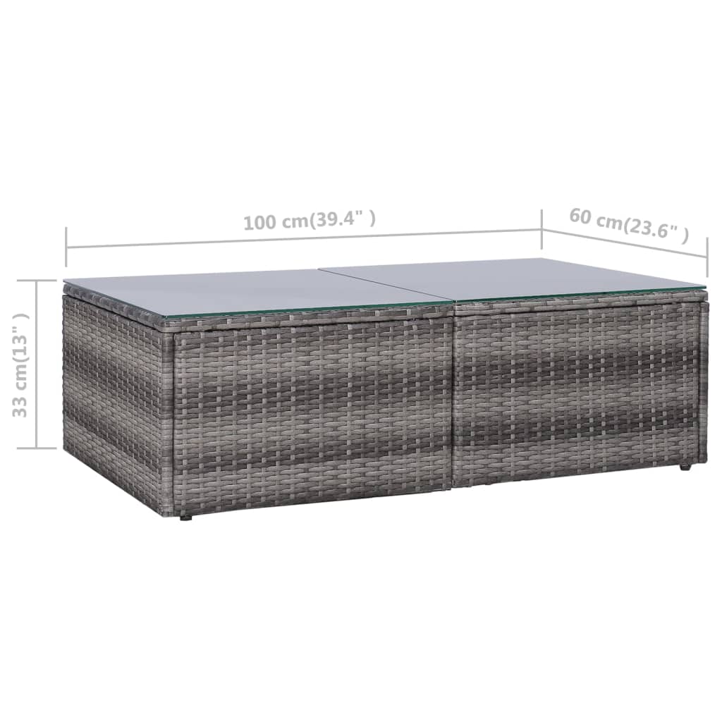 Grey poly rattan garden table with glass top, part of the 10-piece garden lounge set, featuring dimensions of 100x60x33 cm.