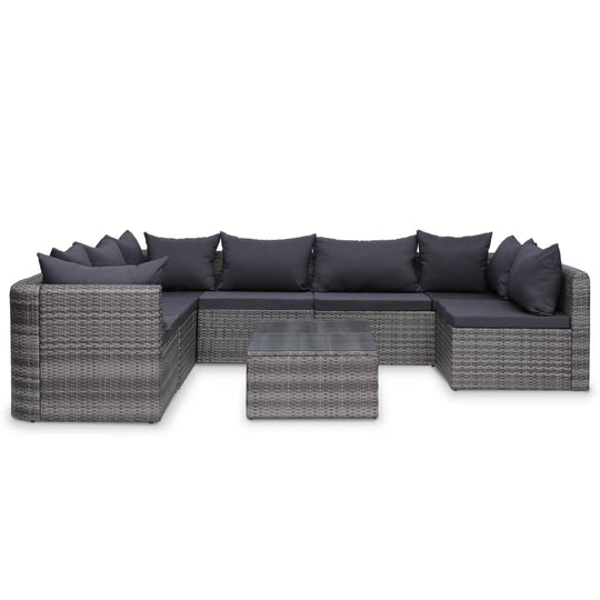 Modern 10-piece poly rattan garden lounge set with gray cushions, ideal for outdoor living spaces and patio furniture arrangements.