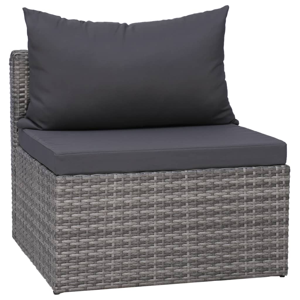 Gray rattan garden lounge chair with black cushions for outdoor patio furniture.