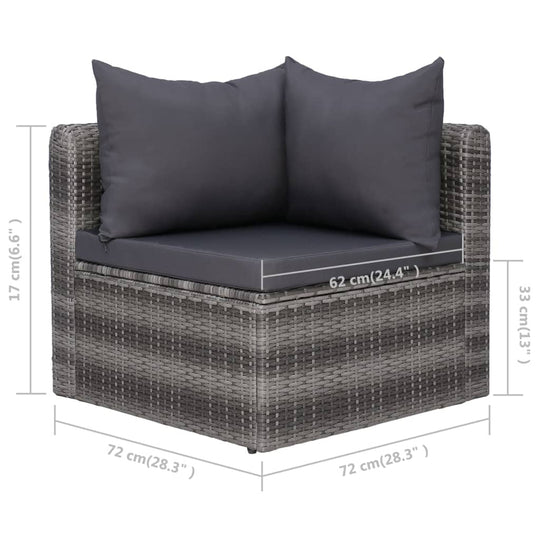 Corner piece of poly rattan garden lounge set with cushions, dimensions labeled, perfect for patio and outdoor furniture settings.