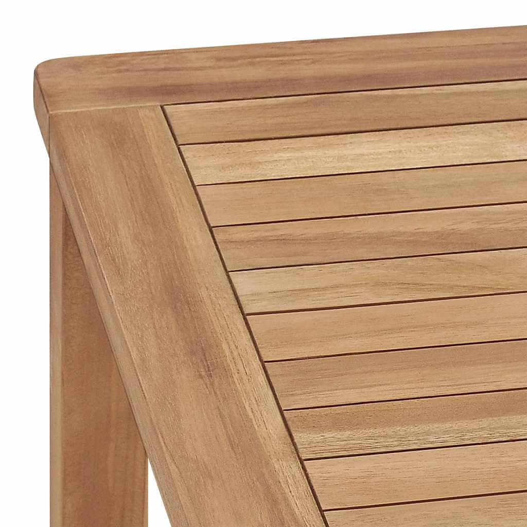 7 Piece Garden Dining Set 140x80 cm Solid Teak Wood close-up of the table surface grain.