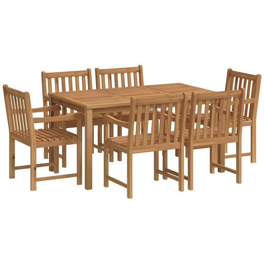 7 Piece Garden Dining Set 150x90 cm Solid Teak Wood with six chairs and a rectangular table