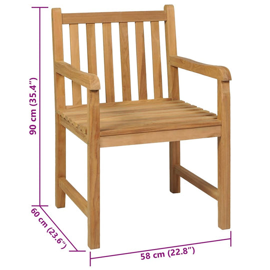7 Piece Garden Dining Set 150x90 cm Solid Teak Wood chair with dimensions 90 cm height, 60 cm depth and 58 cm width.