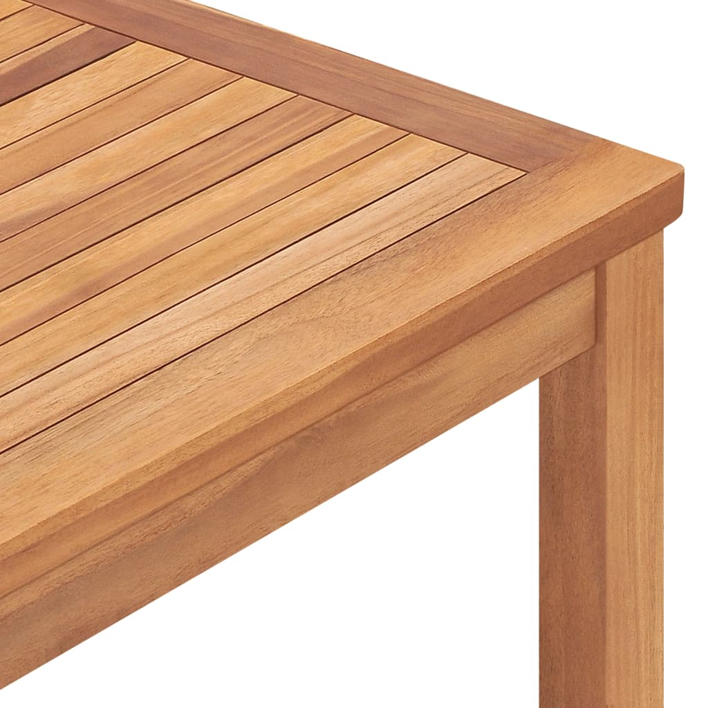 Close-up of solid teak wood tabletop showcasing fine sanded finish and natural grain pattern. Ideal for garden dining sets.