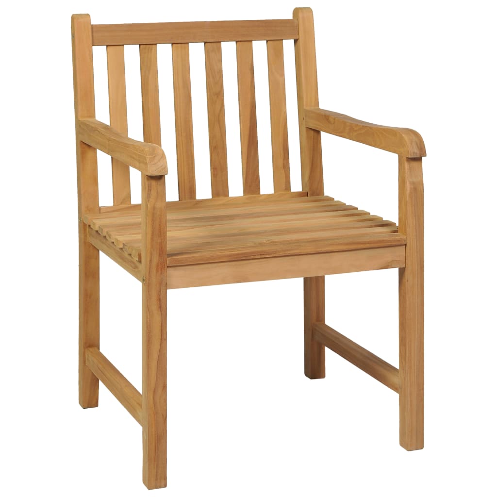 Teak wood garden dining chair with a smooth finish and slatted design, perfect for outdoor patios and gardens.