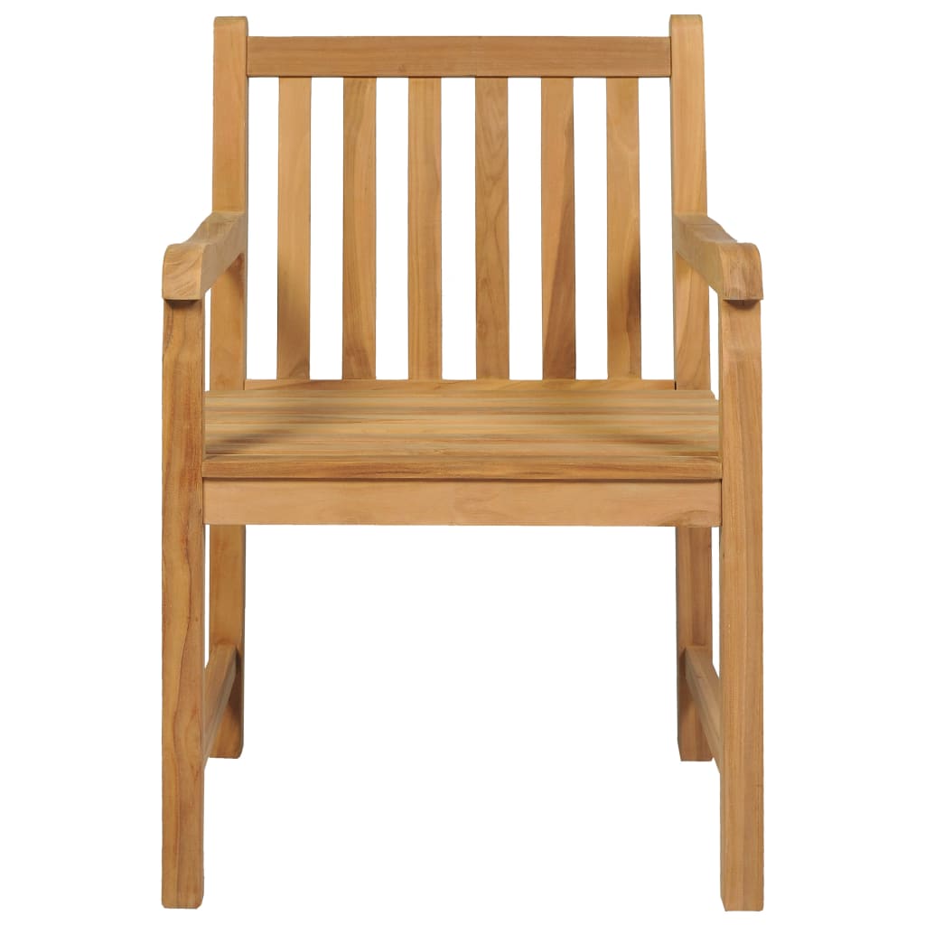 Front view of a sturdy teak wood dining chair with slatted backrest and armrests, perfect for outdoor garden use.