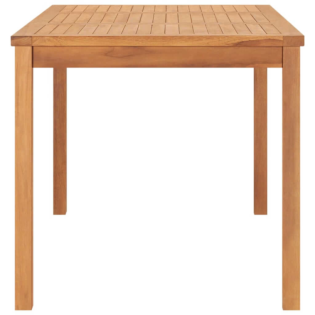 Solid teak wood garden dining table with slatted top and sturdy legs, perfect for outdoor or patio use.