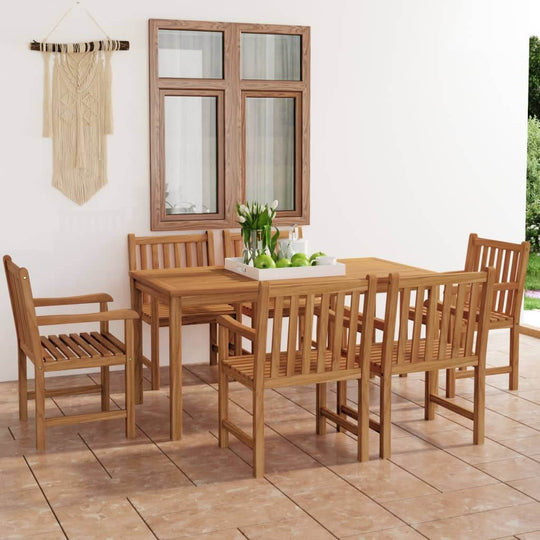 7 piece solid teak wood garden dining set with chairs, displayed in a bright patio setting with natural decor elements.