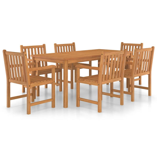 7 Piece Garden Dining Set 180x90 cm Solid Teak Wood with six chairs and rectangular table in natural finish.