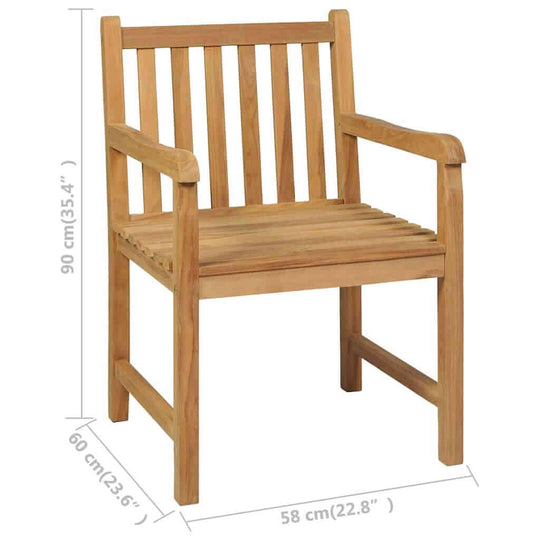 7 Piece Garden Dining Set 180x90 cm Solid Teak Wood chair with dimensions 90cm height, 60cm width, 58cm depth.